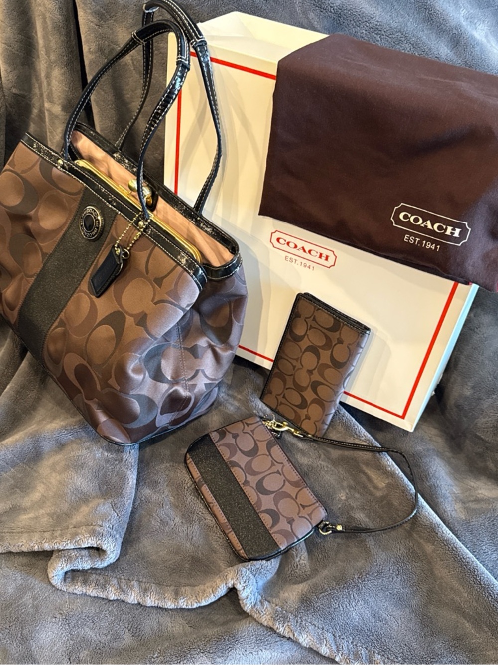 Coach Brown Signature Canvas Tote with Matching Wallets and Dust Bag